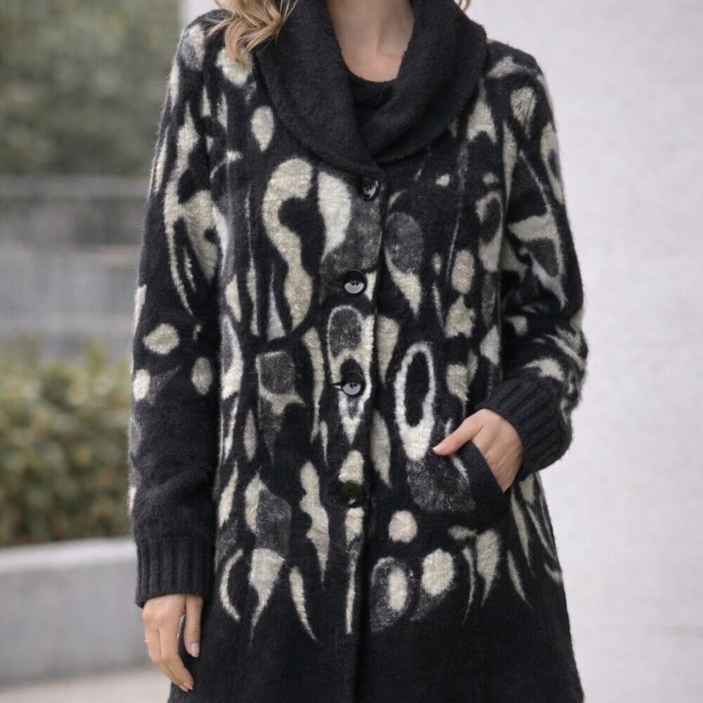 Dolcezza, size Small, Wool long sleeve, long fitted cardigan. Button up, pockets